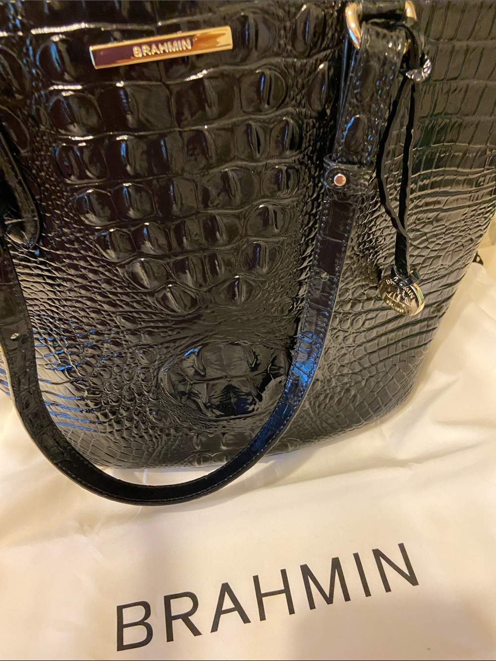 Brahmin Medium Black Asher Melbourne Croc-Embossed Leather Tote Bag